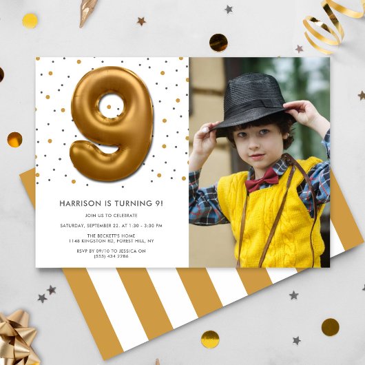 Modern Gold Foil ballon 9th Birthday Foto Kaart