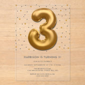 Modern Gold Foil ballon, derde verjaardag Acryl Uitnodigingen (Voorkant)