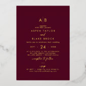 Modern Gold Foil Burgundy Monogram RSVP Weddenscha Folie Uitnodiging (Voorkant)