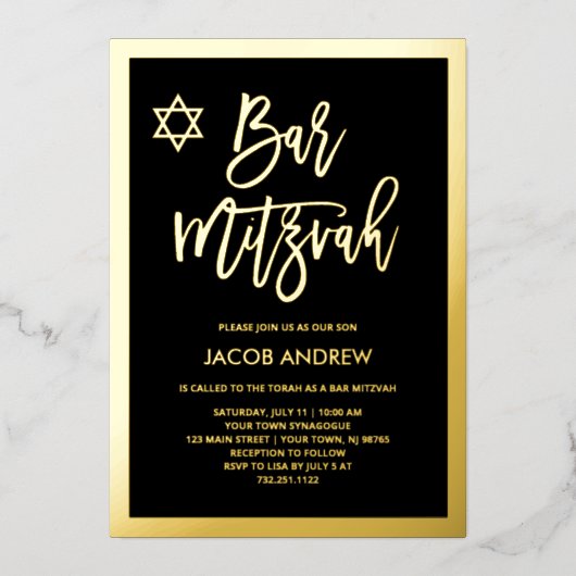 Modern Gold Foil en Black Bar Mitzvah Folie Uitnodiging (Voorkant)