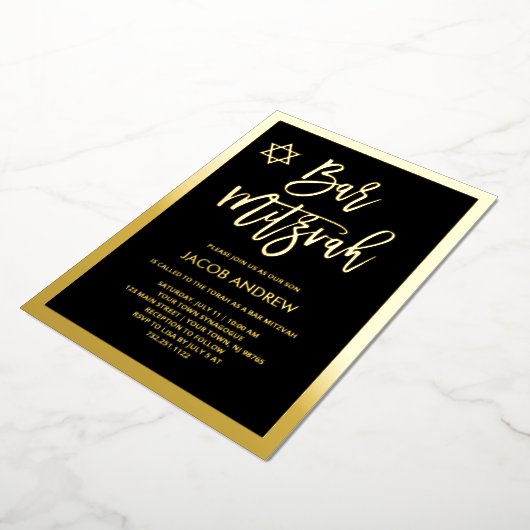 Modern Gold Foil en Black Bar Mitzvah Folie Uitnodiging (Gedraaid)