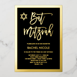 Modern Gold Foil en Black Bat Mitzvah Folie Uitnodiging