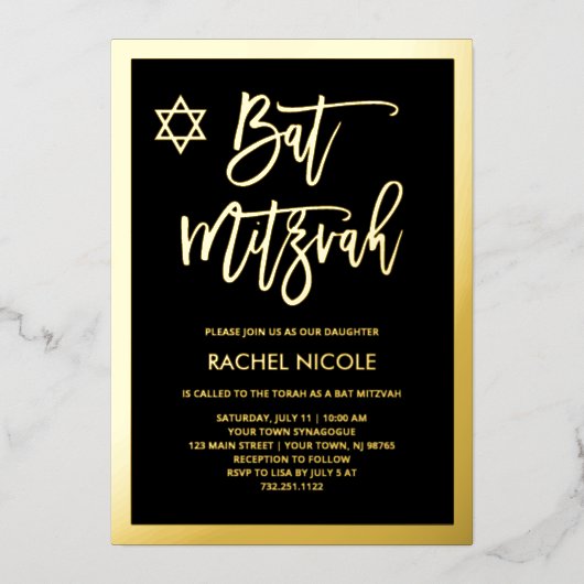 Modern Gold Foil en Black Bat Mitzvah Folie Uitnodiging (Voorkant)