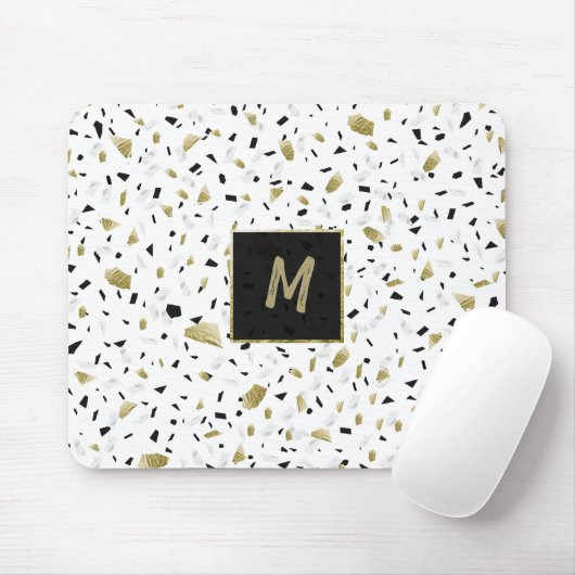 Modern Gold Foil Marble Terrazzo Pattern Monogram Muismat (Met muis)