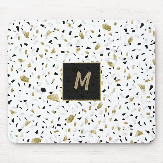 Modern Gold Foil Marble Terrazzo Pattern Monogram Muismat (Voorkant)