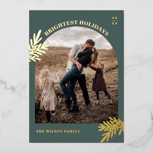 Modern Gold Foil Pine Christmas Photo Holiday Kaar Folie Uitnodiging (Voorkant)