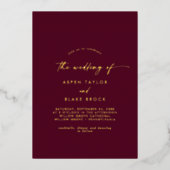 Modern Gold Foil script | Bourgogne fotoweddenscha Folie Uitnodiging (Voorkant)
