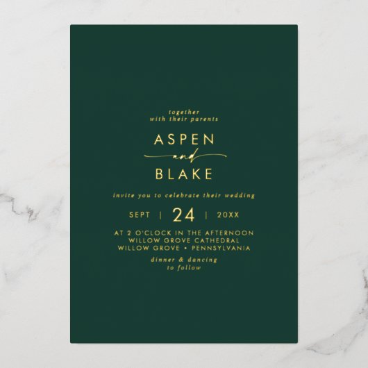Modern Gold Foil script | Casual huwelijk in Emera Folie Uitnodiging (Voorkant)
