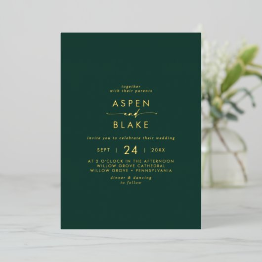Modern Gold Foil script | Casual huwelijk in Emera Folie Uitnodiging (Staand Voorkant)