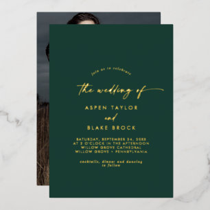 Modern Gold Foil script Emerald Photo Wedding Folie Uitnodiging