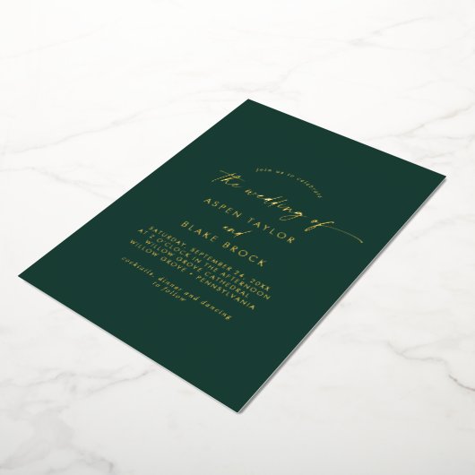 Modern Gold Foil script | Emerald Photo Wedding Folie Uitnodiging (Gedraaid)