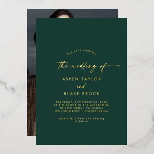 Modern Gold Foil script | Emerald Photo Wedding Folie Uitnodiging (Voorkant / Achterkant)