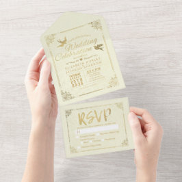 Modern Gold Foil Script Floral Lijst Weddenschap R All In One Uitnodiging