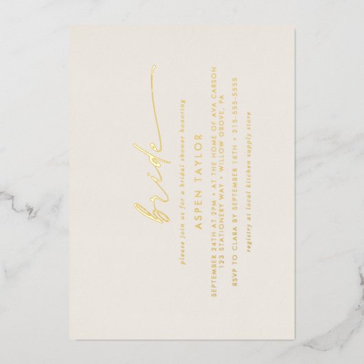 Modern Gold Foil Script Ivory Bride Vrijgezellenfe Folie Uitnodiging (Voorkant)