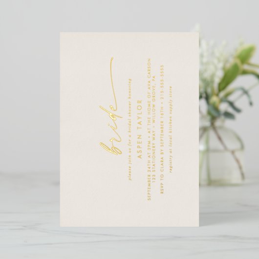 Modern Gold Foil Script Ivory Bride Vrijgezellenfe Folie Uitnodiging (Staand Voorkant)