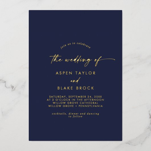 Modern Gold Foil script | Navy the Wedding of Folie Uitnodiging (Voorkant)