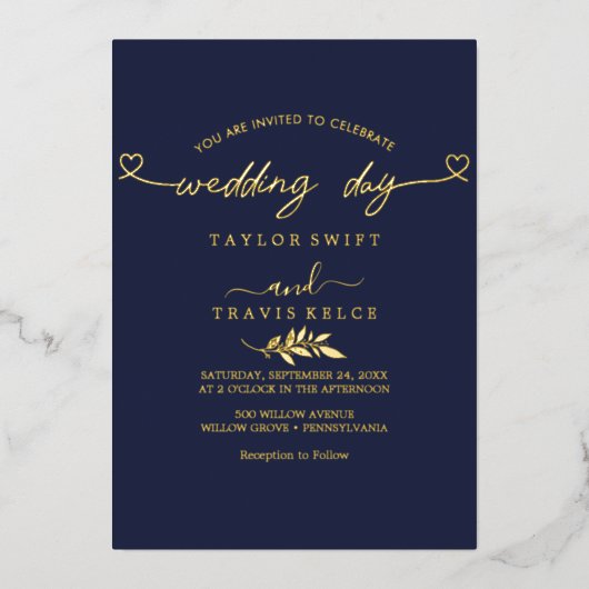Modern Gold Foil Script Navy Trouwdag Folie Uitnodiging (Voorkant)