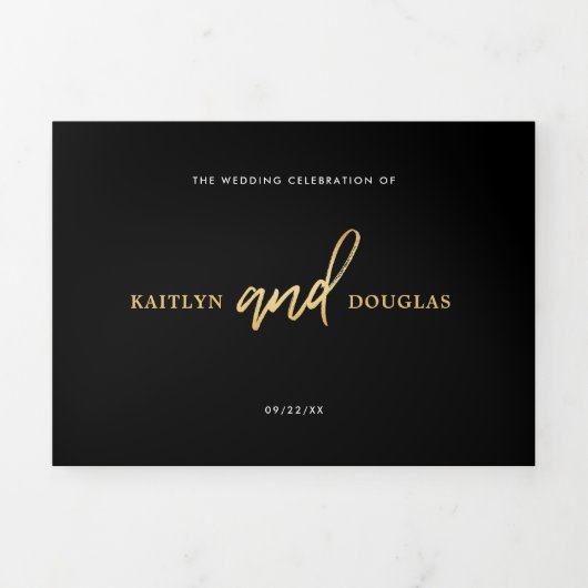 Modern Gold Foil Script Wedding Suite Drieluik Uitnodiging (Cover)