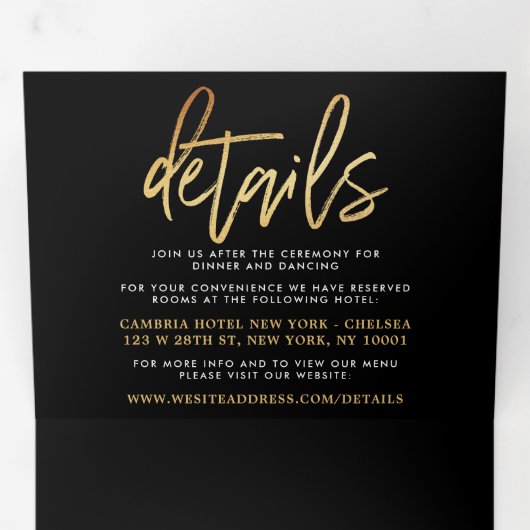 Modern Gold Foil Script Wedding Suite Drieluik Uitnodiging (Binnenzijde eerst)