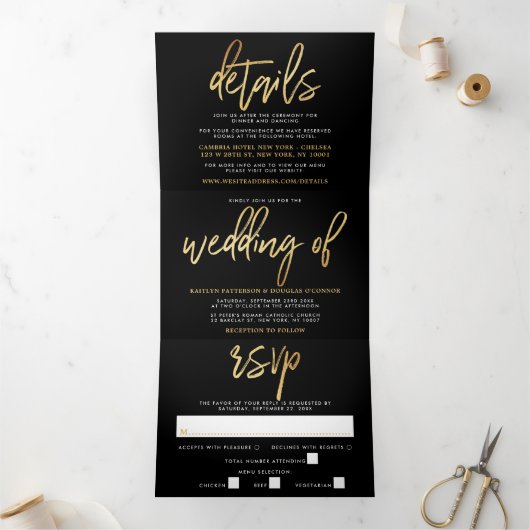 Modern Gold Foil Script Wedding Suite Drieluik Uitnodiging (Binnen)