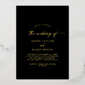 Modern Gold Foil script | Zwart fotohuwelijk Folie Uitnodiging (Voorkant)