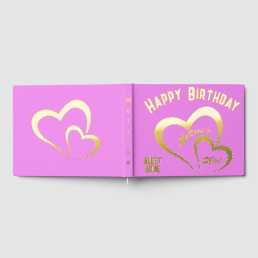 Modern Gold Foil Verjaardag op Roze Rect. Monogram Gastenboek (Volledig)