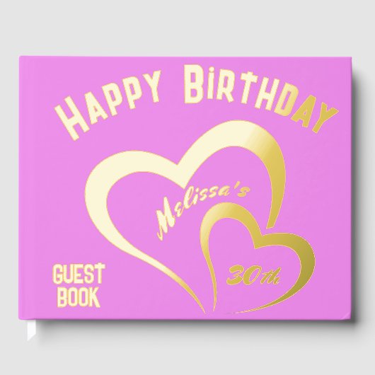 Modern Gold Foil Verjaardag op Roze Rect. Monogram Gastenboek (Voorkant)
