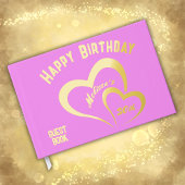 Modern Gold Foil Verjaardag op Roze Rect. Monogram Gastenboek