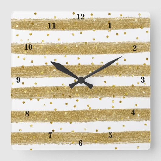 Modern Gold Foil, White, Stripes, Confetti Clock Vierkante Klok (Voorkant)