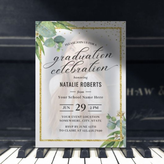Modern Gold Framed Foliage Foto Graduage Party Kaart