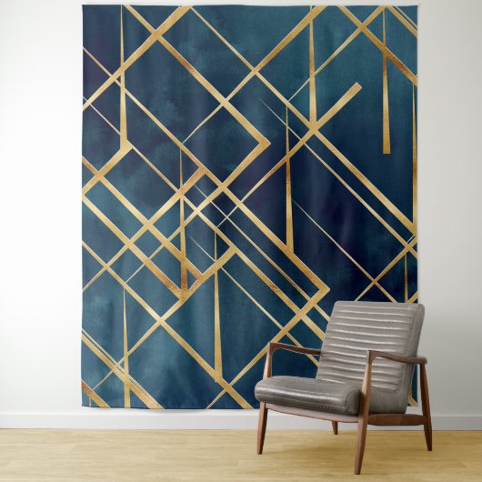 Modern Gold Geometric Blue Design Wandkleed (In situ)