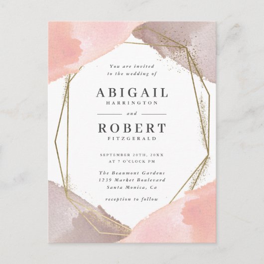 Modern Gold Geometric Blush Waterverf Wedding Uitnodiging Briefkaart (Voorkant)