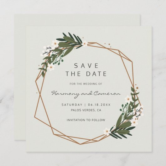Modern Gold Geometric Greenery Boho Wedding Save The Date (Voorkant / Achterkant)