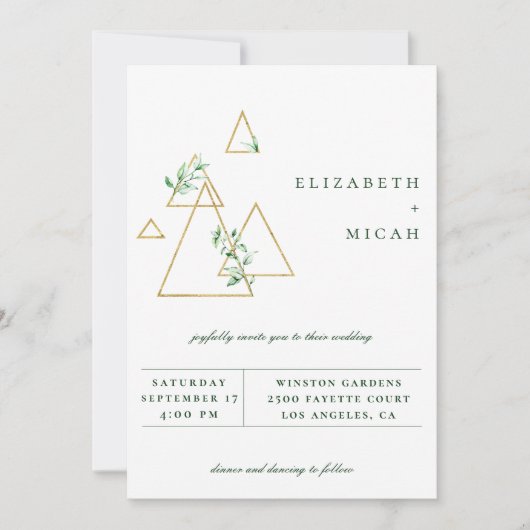 Modern Gold Geometric Greenery Wedding Invitation Aankondiging (Voorkant)