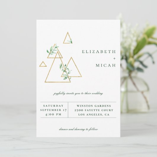 Modern Gold Geometric Greenery Wedding Invitation Aankondiging (Staand voorkant)