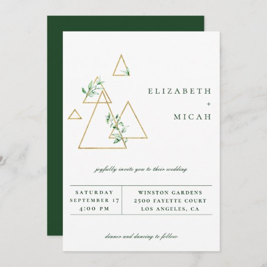 Modern Gold Geometric Greenery Wedding Invitation Aankondiging (Voorkant / Achterkant)
