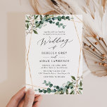 Modern Gold Geometric Greenery Wedding Invitation Kaart<br><div class="desc">Dit elegante collectie Rustic Greenery kenmerkt gemengde waterverf groene plantkunde,  modern calligrafiekmanuscript dat met een klastige serif doopvont in zwarte en een douanemonogram op de rug in paren wordt gerangschikt. Overeenkomende objecten beschikbaar.</div>