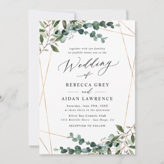 Modern Gold Geometric Greenery Wedding Invitation Kaart (Voorkant)