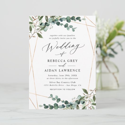 Modern Gold Geometric Greenery Wedding Invitation Kaart (Staand voorkant)