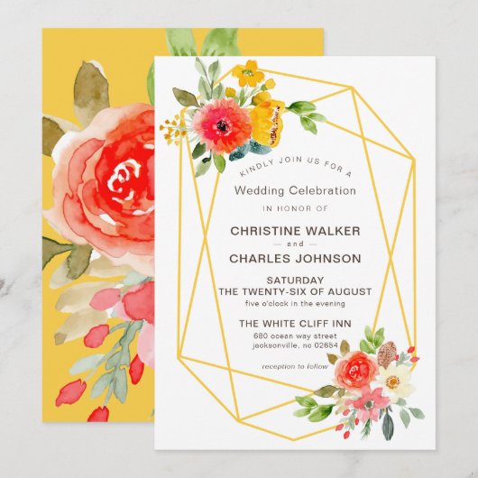 Modern Gold Geometric Spring Floral Wedding Kaart (Voorkant / Achterkant)