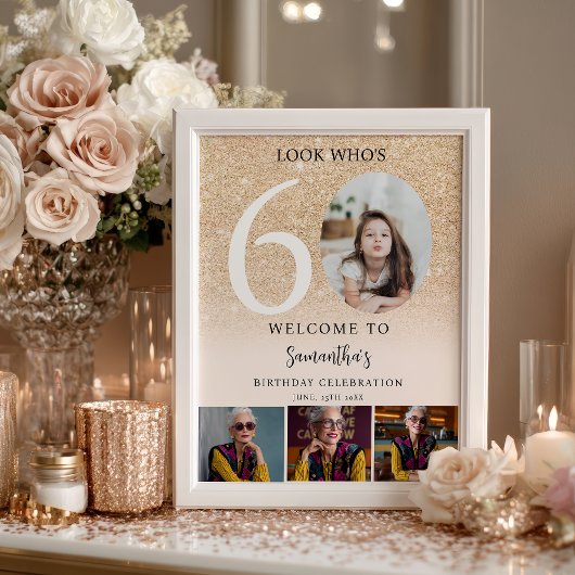 Modern gold glitter 60th Birthday 4 Photo Welcome Poster