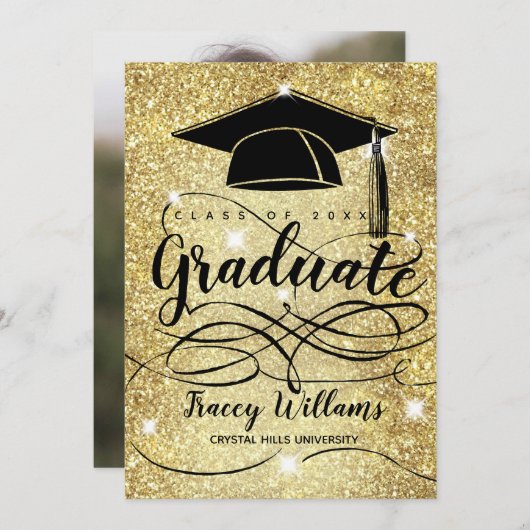 Modern Gold Glitter Afstuderen Pet Foto Afstuderen Aankondiging (Voorkant / Achterkant)