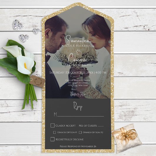 Modern Gold Glitter Black Photo Dinner All In One Uitnodiging