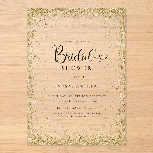 Modern Gold Glitter Bridal Shower  Acryl Uitnodigingen (Voorkant)