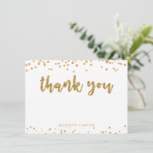 Modern Gold Glitter Brush Script en Confetti Bedankkaart (Staand voorkant)