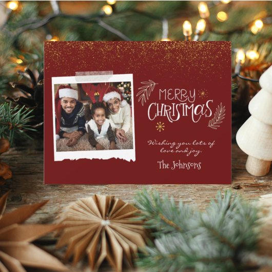 Modern Gold Glitter Burgundy Merry-kerstfoto Feestdagenkaart