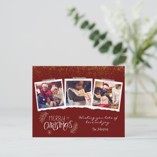 Modern Gold Glitter Burgundy Merry-kerstfoto Feestdagenkaart (Staand voorkant)
