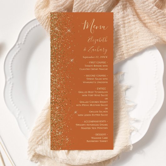 Modern Gold Glitter Burnt Oranje Wedding Menu