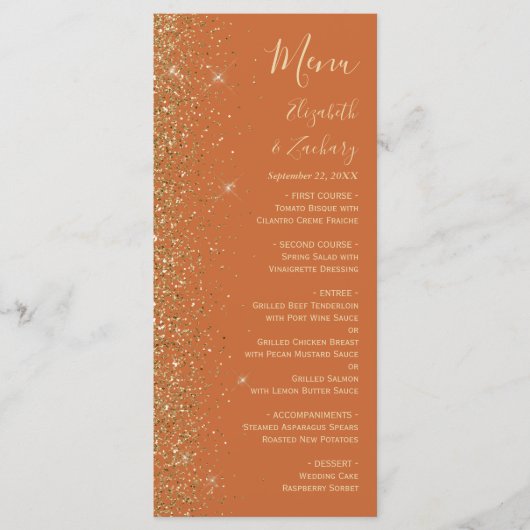 Modern Gold Glitter Burnt Oranje Wedding Menu (Voorkant)