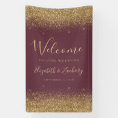 Modern Gold Glitter Dark Burgundy Wedding Welcome Spandoek (Verticaal)